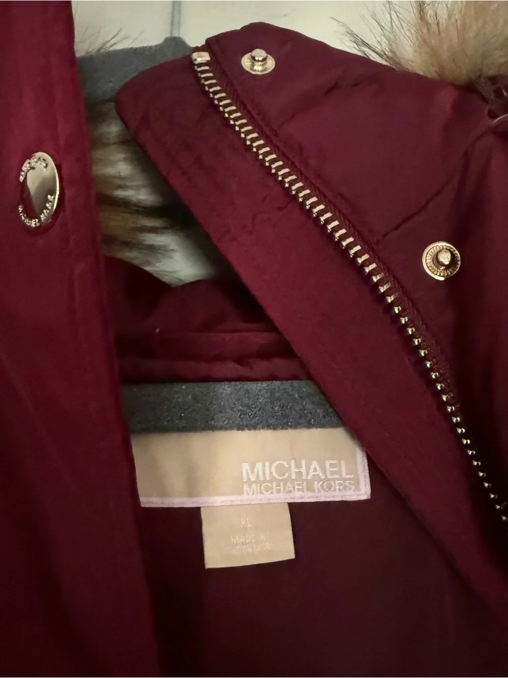 Michael Kors Wine-Red Quilted Puffer Coat with Faux-Fur Trim